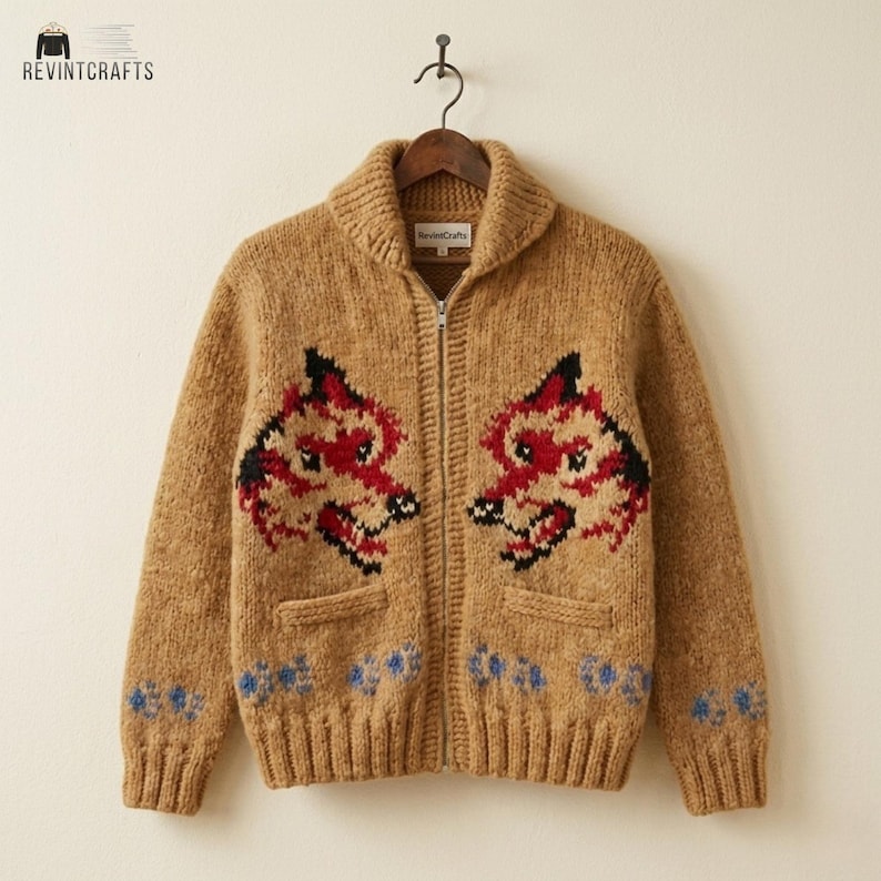 May include: A tan zip-up knit cardigan featuring a shawl collar and a graphic of two wolf heads in red, black, and white. The sweater includes two front pockets, ribbed cuffs and hem, and blue paw print patterns near the bottom. REVINTCRAFTS logo.