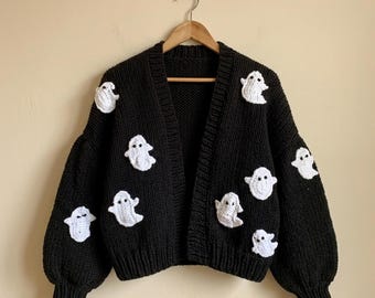 Hand-Knitted Ghost Cardigan | Halloween Spooky-Cute Gothic Knitwear