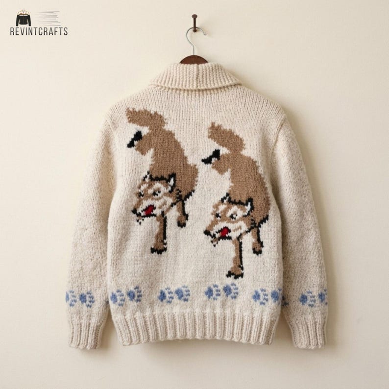 May include: A cream-colored knit cardigan featuring a shawl collar and long sleeves. The back displays two brown and black wolf motifs with red accents, positioned above a row of light blue paw prints along the ribbed hem and sleeve cuffs.