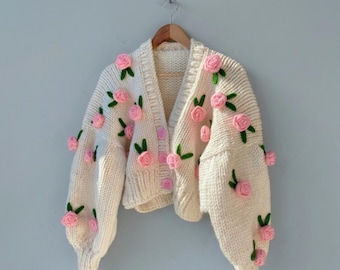 Pink Roses Floral Embroidered Cardigan - Chunky Handmade Cropped Knit Sweater  Cottagecore Jacket