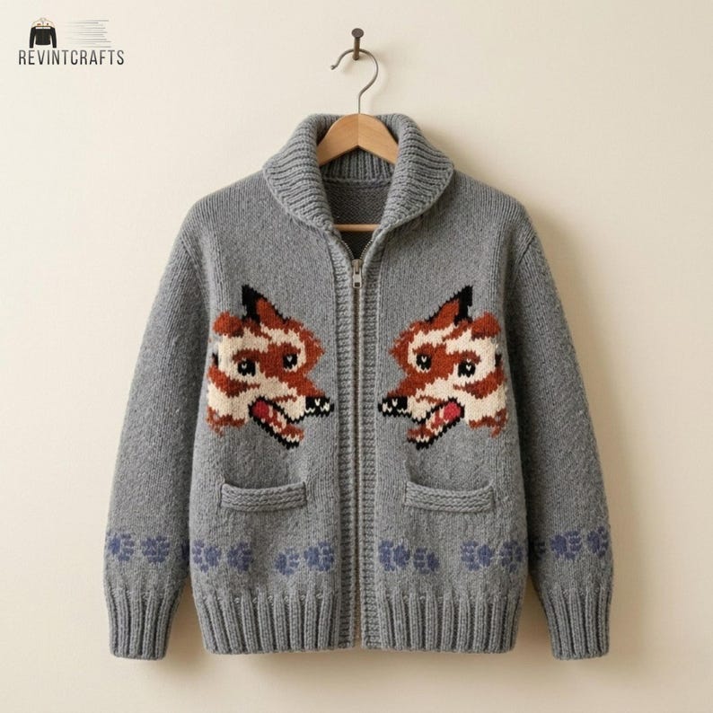 May include: A grey knit zip-up cardigan featuring a shawl collar, two front pockets, and a repeating pattern of fox faces on the chest with paw prints along the bottom hem. The garment is displayed on a wooden hanger against a plain background.