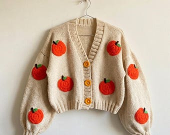 Hand-Embroidered Pumpkin Cardigan, Oversized Chunky Knit Sweater, Women’s Pullover  Hand Knit Wool Apparel