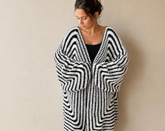 Handmade Black and White Maxi Cardigan, Long Kimono Sweater, Crochet Spring Outerwear