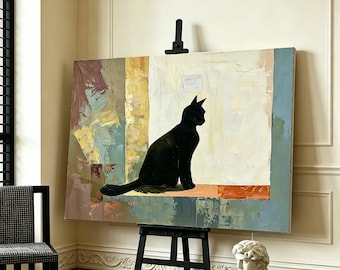 Handgemalte schwarze Katze am Fenster Abstrakte Ölgemälde | Minimalistische moderne neutrale Wandkunst