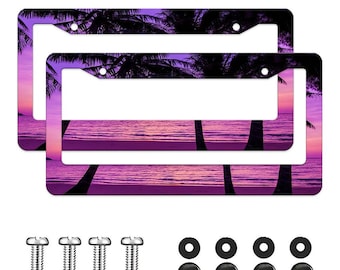 Marco de matrícula con diseño de atardecer púrpura / Accesorios para coche con palmeras en la playa / Marco de matrícula estético / Soporte de matrícula de aluminio / Decoración para viajes por carretera