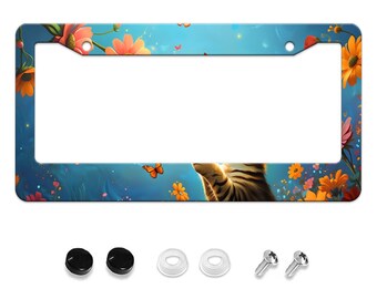 Personalisierter Nummernschildrahmen Katze Blumen Edelstahl Accessoire Haustierkennzeichenhalter Lustiges Auto Dekorative 2 Löcher Schrauben