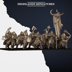 May include: A set of unpainted beige miniature warrior figurines from Highlands Miniatures. The group includes figures holding axes, maces, a drum, and a large tattered banner topped with a crescent moon symbol, all wearing fur-trimmed armour.