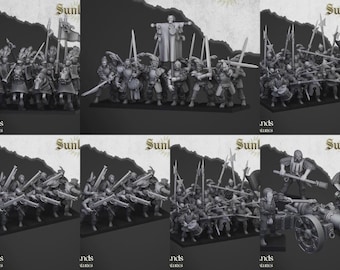 May include: A collection of grey miniature figures featuring soldiers, cavalry, and artillery units. The set includes infantry with spears, swords, and rifles, a banner bearer, and a cannon. Each unit is mounted on a black rectangular base.