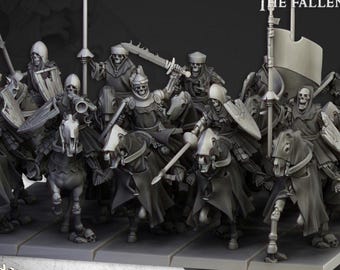 May include: A group of grey miniature skeleton cavalry figures mounted on skeletal horses. The figures wear armor and carry various weapons including spears, swords, and shields. One figure holds a tall banner. The text Transilvania The Fallen is visible.