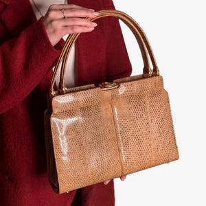 Mid-century brown karung snakeskin frame handbag with matching coin purse