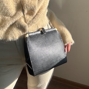 Può includere: Una borsa a mano nera con una trama testurizzata simile alla pelle di serpente e una forma rettangolare strutturata. La borsa presenta una cornice in metallo dorato, una chiusura a scatto superiore e una sottile tracolla a catena dorata.