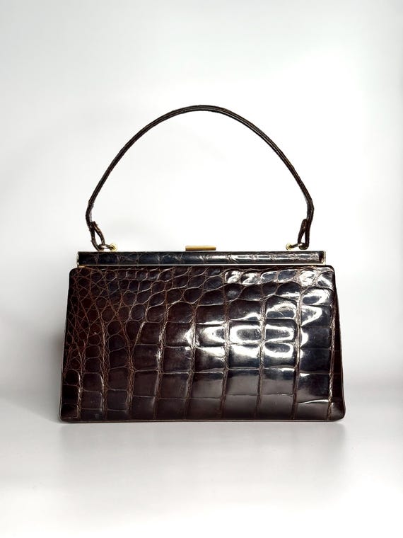 Vintage 60s brown leather handbag with croc embossed texture