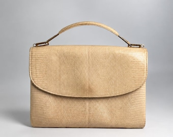 Beige handtas met handvat van echt hagedissenleer uit de jaren 70