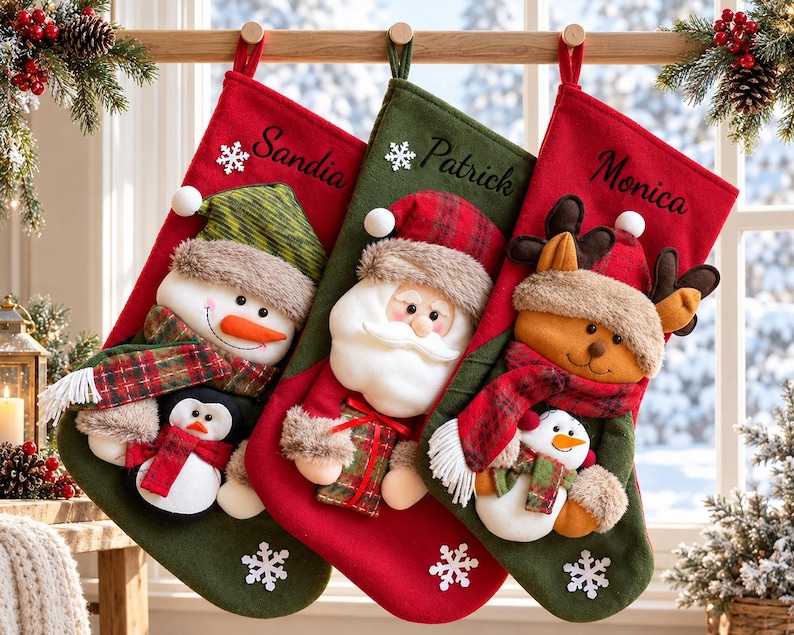 May include: Three Christmas stockings hanging from a wooden rod. The left is red with a snowman and penguin, labeled Sandia. The center is green with a Santa Claus, labeled Patrick. The right is red with a reindeer and snowman, labeled Monica.