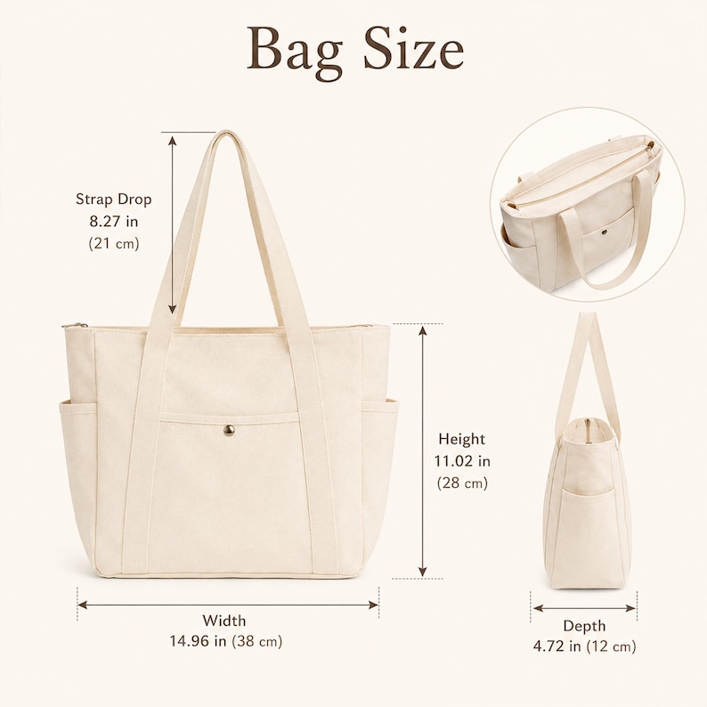 May include: A cream-colored canvas tote bag with two handles, a front pocket with a snap button, and side pockets. Dimensions are labeled as 14.96 in width, 11.02 in height, 4.72 in depth, and an 8.27 in strap drop. Includes top and side views.