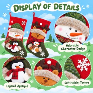 May include: Two Christmas stockings featuring red and green fabric with layered appliqu&eacute;s of a snowman, a reindeer, and a penguin. The stockings include white snowflake accents, faux fur trim, and plaid scarves. Text on the image reads DISPLAY OF DETAILS.
