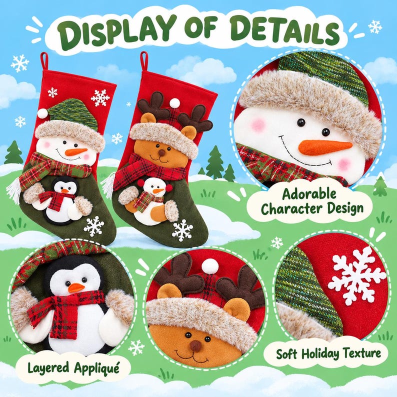 May include: Two Christmas stockings featuring red and green fabric with layered appliqu&eacute;s of a snowman, a reindeer, and a penguin. The stockings include white snowflake accents, faux fur trim, and plaid scarves. Text on the image reads DISPLAY OF DETAILS.
