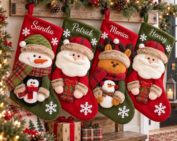 Personalized 3D Christmas Stocking with Name, Large Santa Snowman Reindeer Stocking