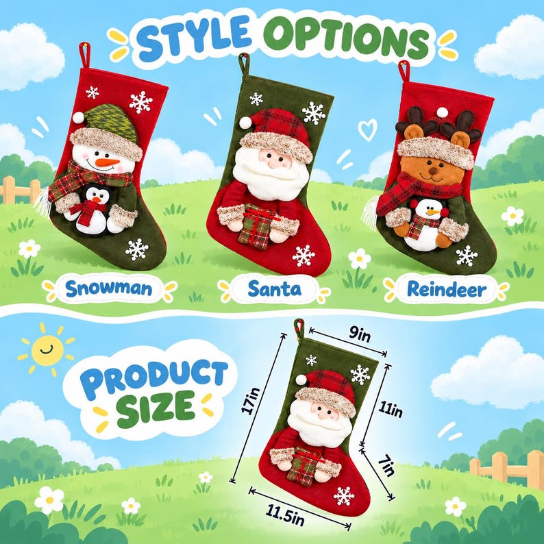 May include: Three Christmas stockings labeled Snowman, Santa, and Reindeer, each featuring a plush character and white snowflake accents. A fourth Santa stocking shows dimensions of 17 inches in height, 9 inches in width, 11 inches at the top, and 7 inches at the heel.