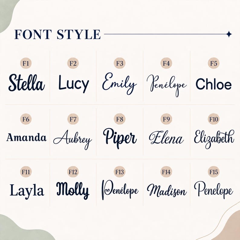 May include: A font style chart displaying fifteen distinct typography options labeled F1 through F15. Each label features a name written in a unique black script or serif typeface, including Stella, Lucy, Emily, Penelope, Chloe, Amanda, Aubrey, Piper, Elena, Elizabeth, Layla, Molly, and Madison.