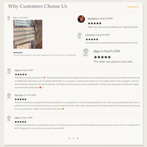 May include: A digital display titled Why Customers Choose Us featuring five-star ratings and customer reviews. The text includes feedback from buyers like Shoshana, Mary, Rabea, and Gabby, alongside a small photograph of striped gift bags.
