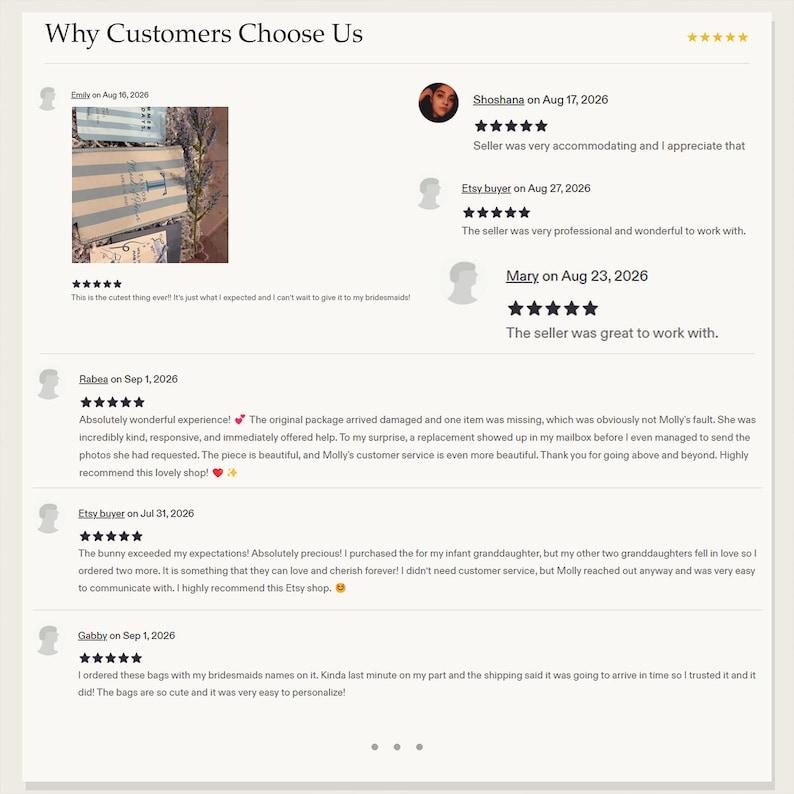 May include: A digital display titled Why Customers Choose Us featuring five-star ratings and customer reviews. The text includes feedback from buyers like Shoshana, Mary, Rabea, and Gabby, alongside a small photograph of striped gift bags.