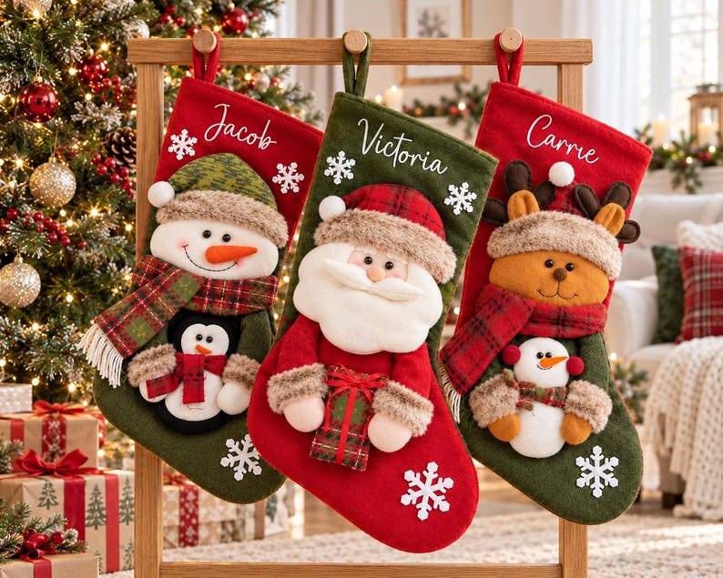 May include: Three Christmas stockings hanging on a wooden stand. The left is red and green with a snowman and penguin. The center is green and red with a Santa Claus. The right is red and green with a reindeer and snowman. Each has a name embroidered.