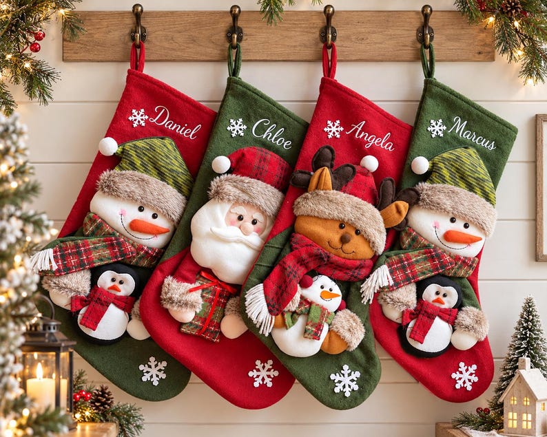 May include: Four Christmas stockings in red and green felt, each featuring a plush character: a snowman with a penguin, Santa Claus, a reindeer with a snowman, and another snowman with a penguin. Each stocking is embroidered with a name.