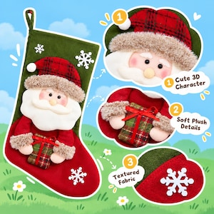 May include: A Christmas stocking featuring a green upper section and red lower section with white snowflake appliqu&eacute;s. A 3D Santa Claus character with a red plaid hat, faux fur trim, and a plush beard holds a small plaid gift with a red ribbon.