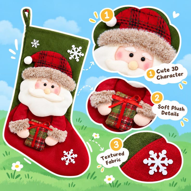 May include: A Christmas stocking featuring a green upper section and red lower section with white snowflake appliqu&eacute;s. A 3D Santa Claus character with a red plaid hat, faux fur trim, and a plush beard holds a small plaid gift with a red ribbon.