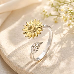 Sunflower Open Ring, Adjustable Floral Anxiety Ring for Women, Leaf Fidget Ring, Minimalist Nature Jewelry Gift