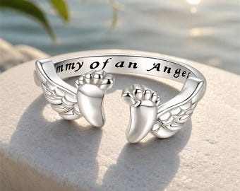 Memorial Baby Feet Ring, Angel Wing Fidget Ring, Adjustable Open Ring, Anxiety Relief Jewelry, Remembrance Gift for Mom