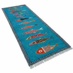 Handgefertigter Fisch Teppich Läufer - Türkis Blauer Marokkanischer Flur Teppich