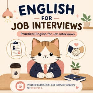 May include: A cartoon illustration promoting "ENGLISH FOR JOB INTERVIEWS". A cat in a suit is the central figure, with speech bubbles showing a clipboard and handshake. A coffee cup and a notebook are on the desk. The text reads "Practical English skills and interview answers for everyone."