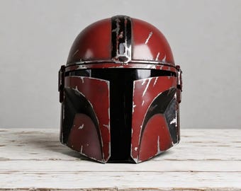 Handmade Damaged Red Mandalorian Helmet | Battle Worn Cosplay Prop Helmet