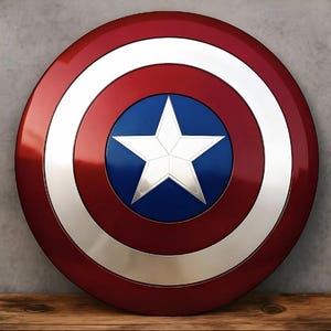 May include: A circular shield featuring a glossy finish with concentric rings of red and silver. The center of the shield is a solid blue circle containing a large, five-pointed silver star with defined geometric facets and a metallic sheen.
