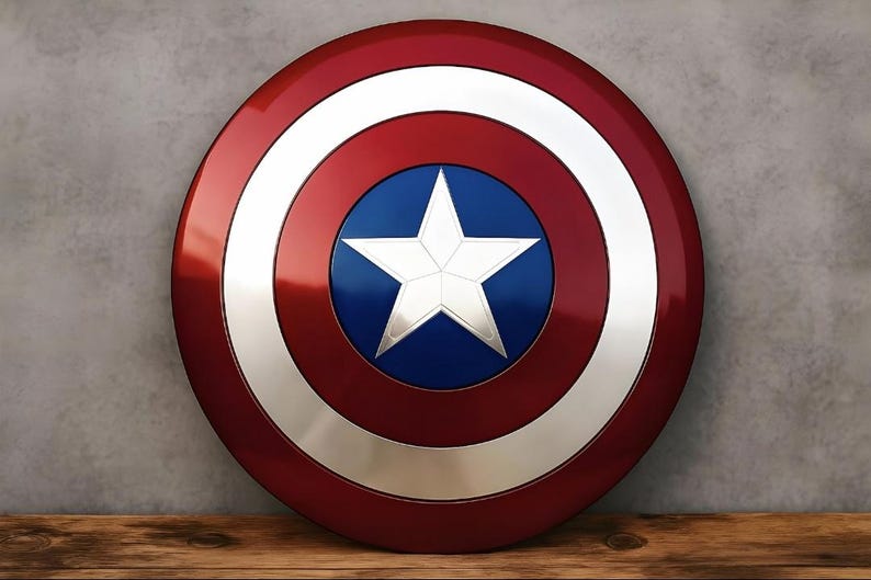 May include: A circular shield featuring a glossy finish with concentric rings of red and silver. The center of the shield is a solid blue circle containing a large, five-pointed silver star with defined geometric facets and a metallic sheen.