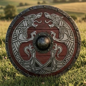 May include: A circular wooden shield featuring a dark red finish and a central metal boss. The surface is decorated with two silver-toned, stylised wolf figures facing each other, surrounded by a dark metal rim secured with small rivets.