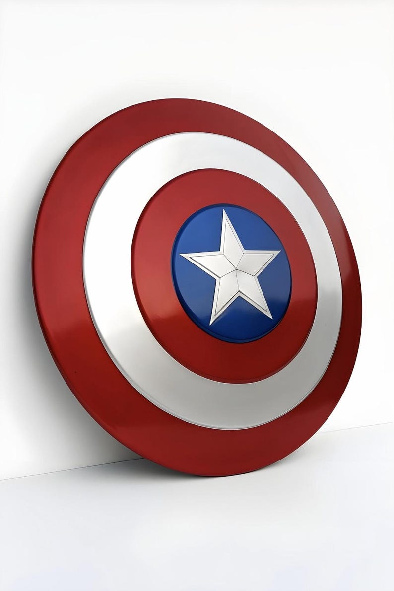 May include: A circular shield featuring a concentric design with a wide red outer ring, a silver middle ring, and a central blue circle containing a prominent five-pointed silver star. The surface has a smooth, reflective finish.