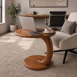 Modern Walnut C-Shaped Laptop Table with Wheels, Rolling Couch Side Table, Space-Saving Rolling Laptop Desk.