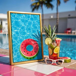 Puede incluir: Un cuadro rectangular que muestra la superficie de una piscina azul brillante con un flotador inflable rojo y verde con patrón de sandía, acompañado de un vaso de bebida con frutas, una corona de piña y gafas de sol rosa claro.