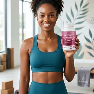 May include: A woman in teal athletic wear holds a white bottle of Rosabella Beetroot dietary supplement. The bottle has a pink label with white text. The background includes yoga mats, blocks, and a bench with a gray towel.