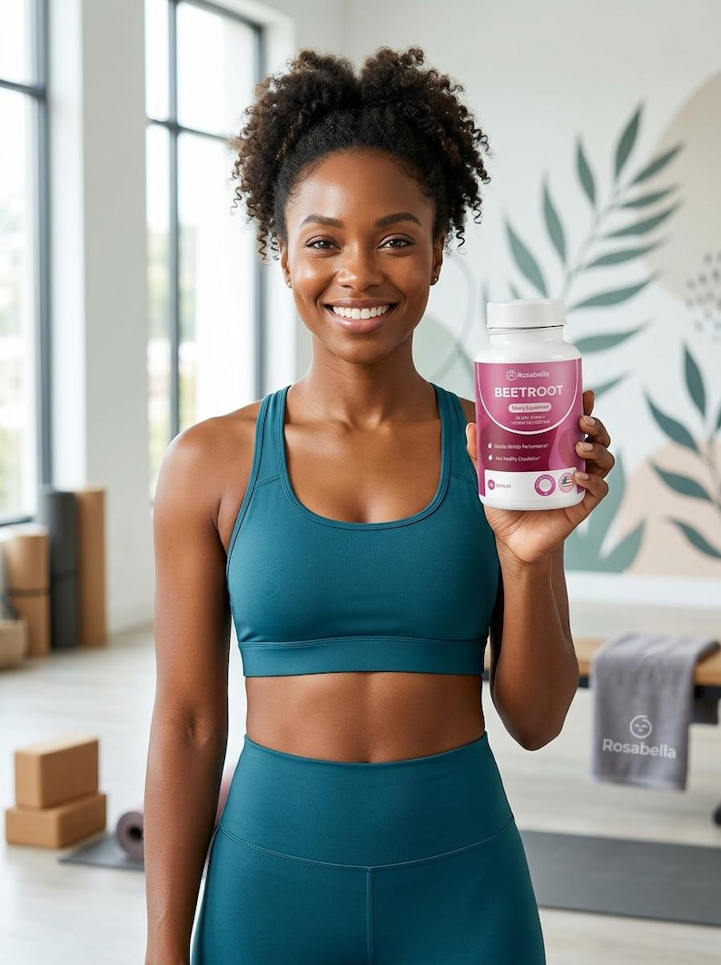 May include: A woman in teal athletic wear holds a white bottle of Rosabella Beetroot dietary supplement. The bottle has a pink label with white text. The background includes yoga mats, blocks, and a bench with a gray towel.