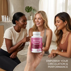 May include: A white bottle of Beetroot supplement is held in front of three smiling women. The bottle has a pink label with white text. The text "Empower Your Circulation & Performance" is at the bottom right.