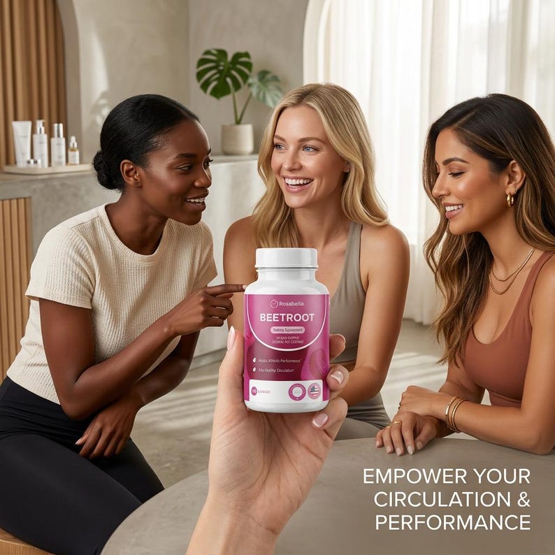 May include: A white bottle of Beetroot supplement is held in front of three smiling women. The bottle has a pink label with white text. The text "Empower Your Circulation & Performance" is at the bottom right.