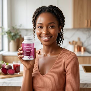May include: A woman smiles while holding a white bottle of "Beetroot" dietary supplements. The bottle has a pink label with white text. A glass of red juice and cut beets are on a wooden cutting board in the background. The woman wears a peach-colored top.