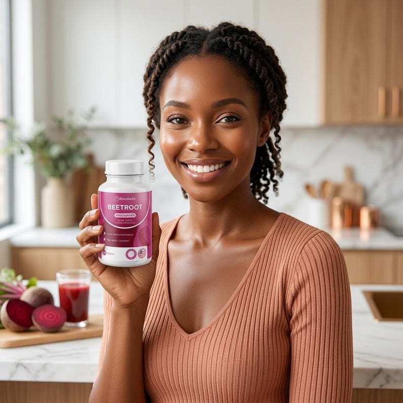 May include: A woman smiles while holding a white bottle of "Beetroot" dietary supplements. The bottle has a pink label with white text. A glass of red juice and cut beets are on a wooden cutting board in the background. The woman wears a peach-colored top.