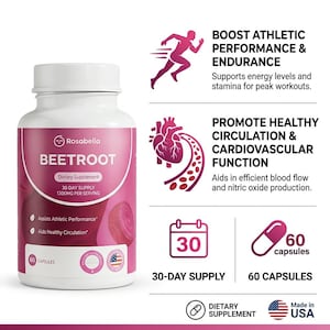 May include: A white Rosabella Beetroot dietary supplement bottle with a pink label. The label includes text about athletic performance and healthy circulation. The bottle contains 60 capsules and is made in the USA.