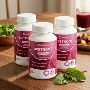 May include: Three white supplement bottles with pink labels and white caps are arranged on a wooden table. The labels read "BEETROOT" and "Dietary Supplement." The bottles are accompanied by a glass of red liquid and a bowl of salad.