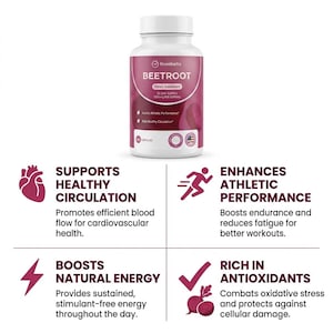 May include: A white bottle of Rosabella Beetroot dietary supplement with a purple label. The label includes the text "BEETROOT" and "30 DAY SUPPLY 1500MG PER SERVING". The image also includes icons and text describing the supplement's benefits.